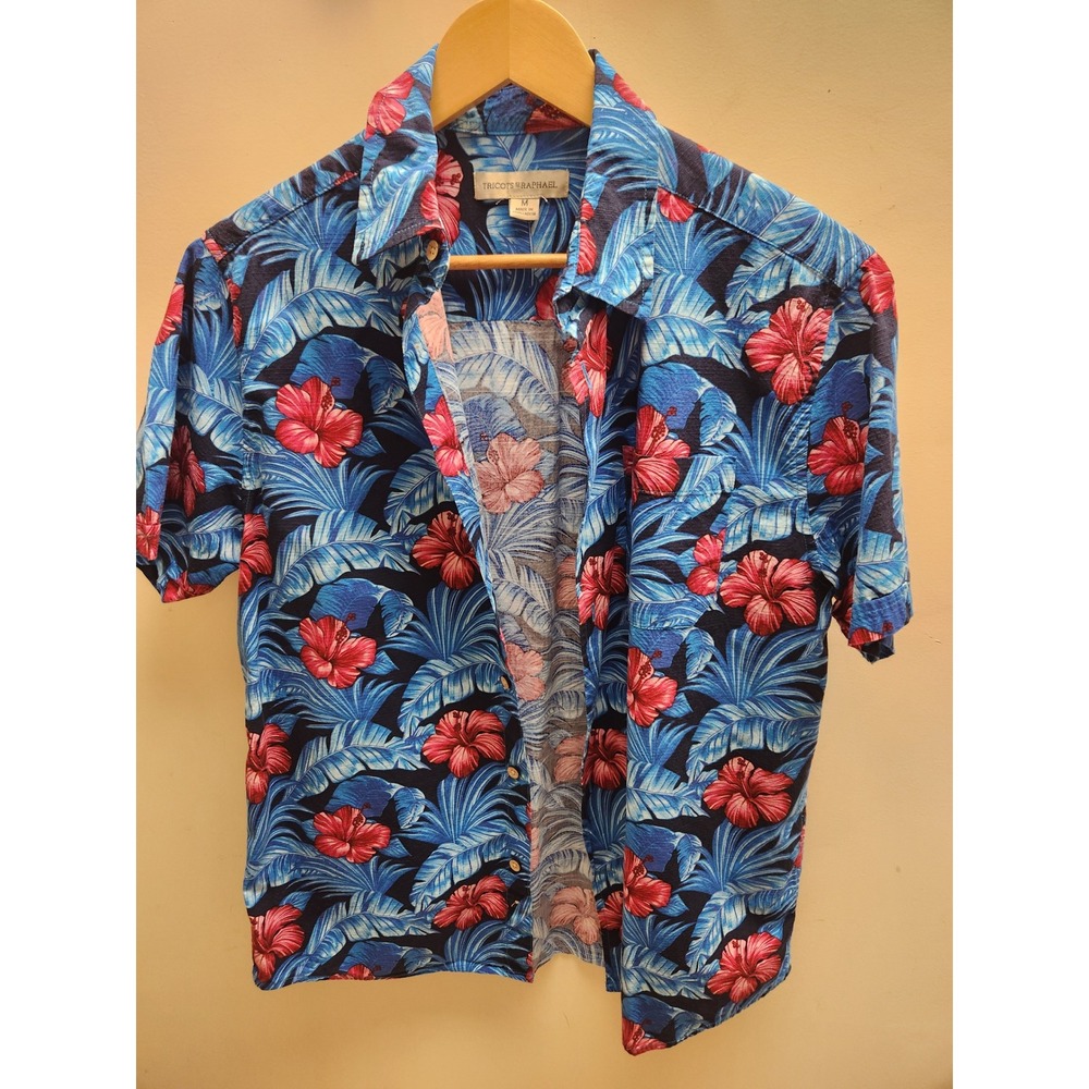 Tricots St Raphael Mens Medium Tropical Hibiscus Palm Print Button Down Shirt